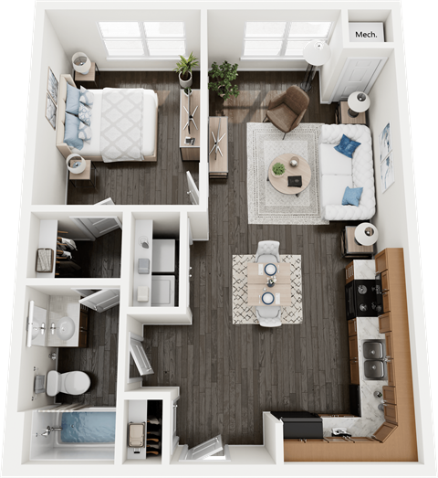 Floor plan for 1 bed, 1 bath, 623 sqft